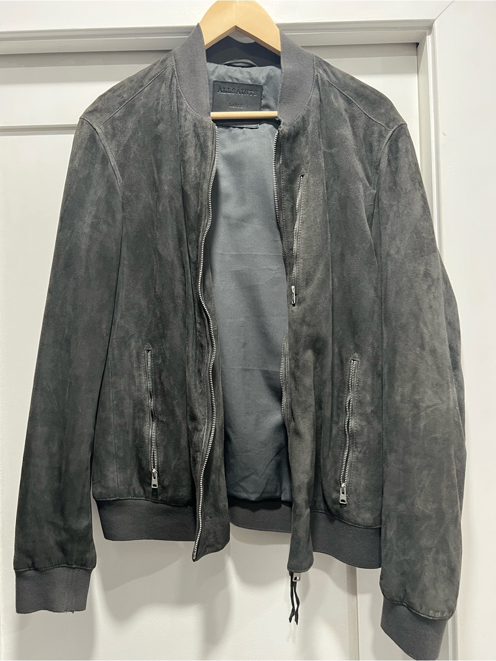 AllSaints Charcoal Gray Suede Bomber Jacket